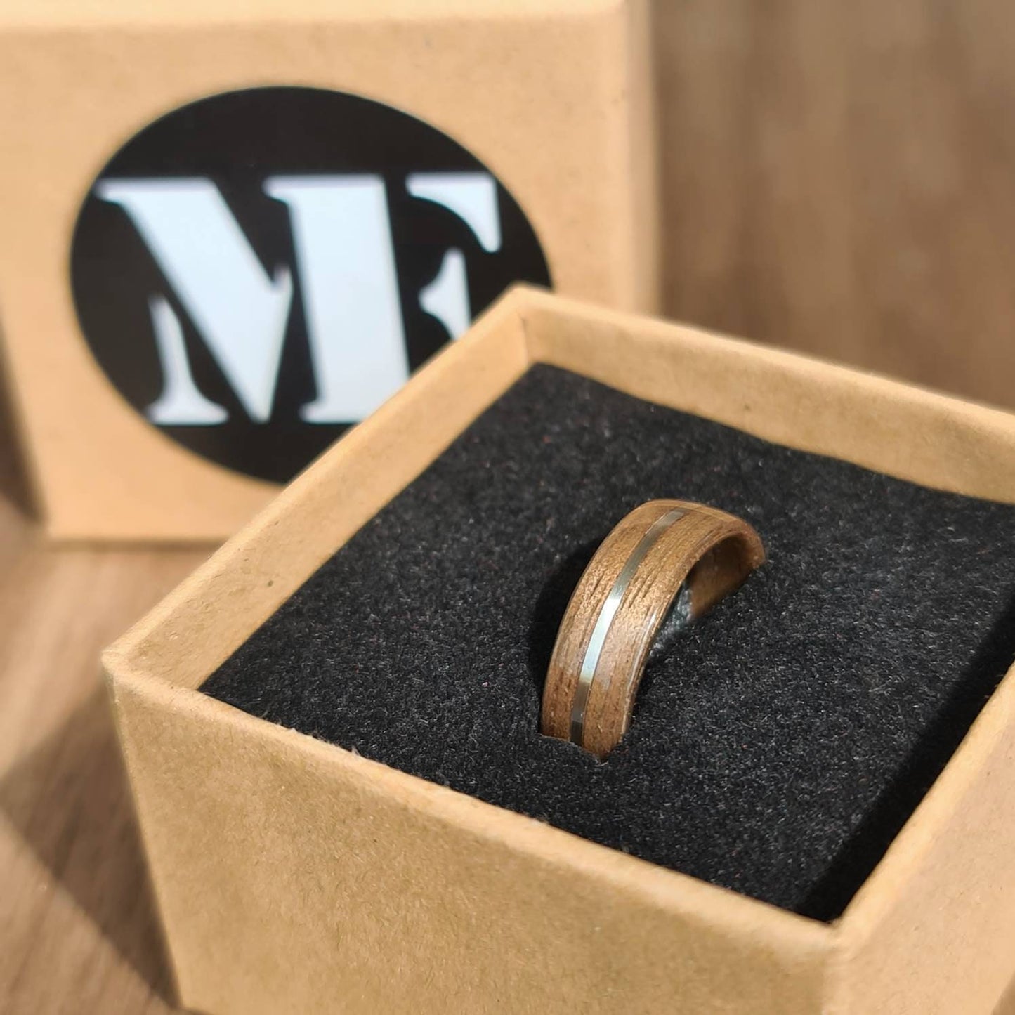 Walnut and sterling silver hand made bent wood ring