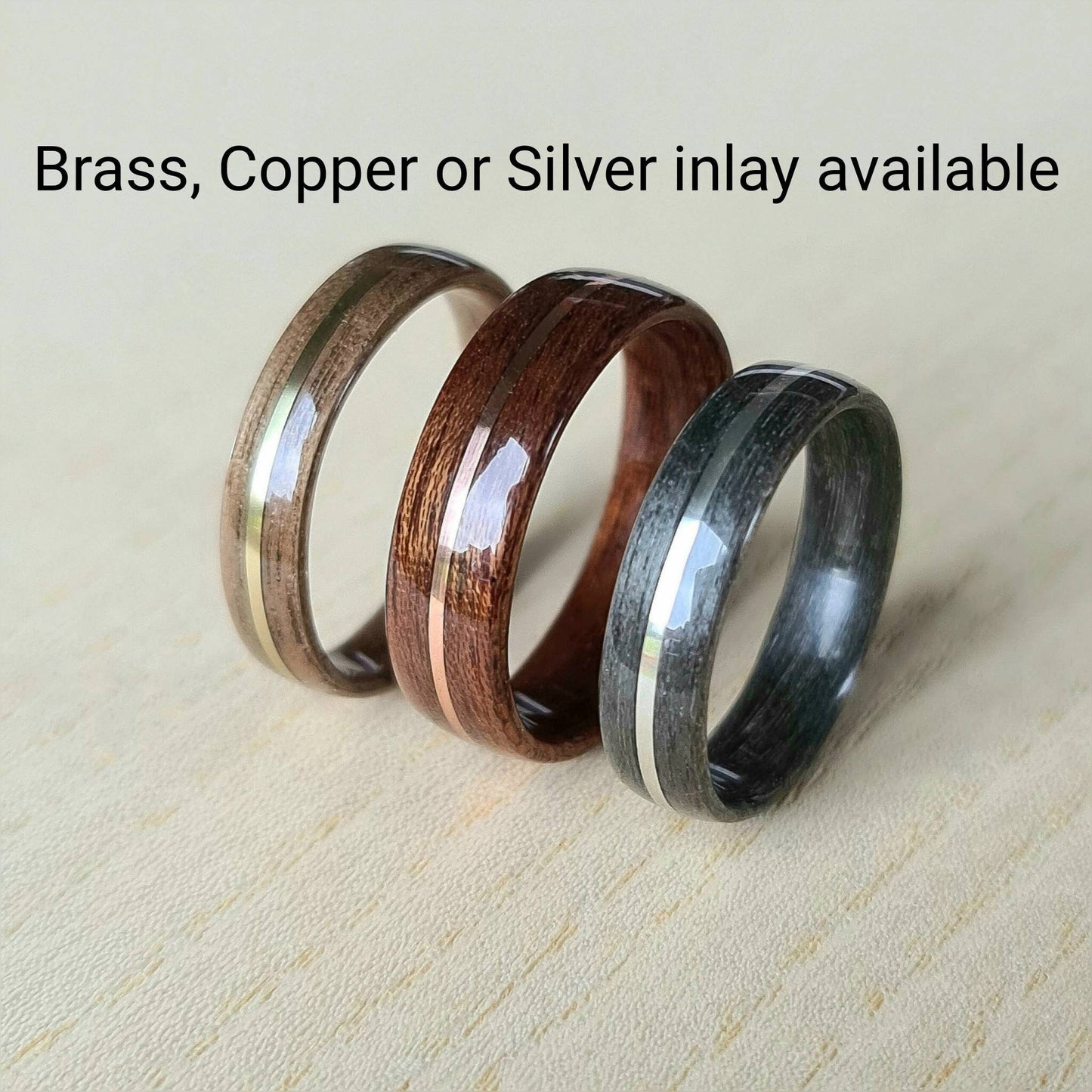 Rosewood and green tulipwood with brass and lab created emerald - Hand made bent wood ring - Wooden wedding band - Engagement ring