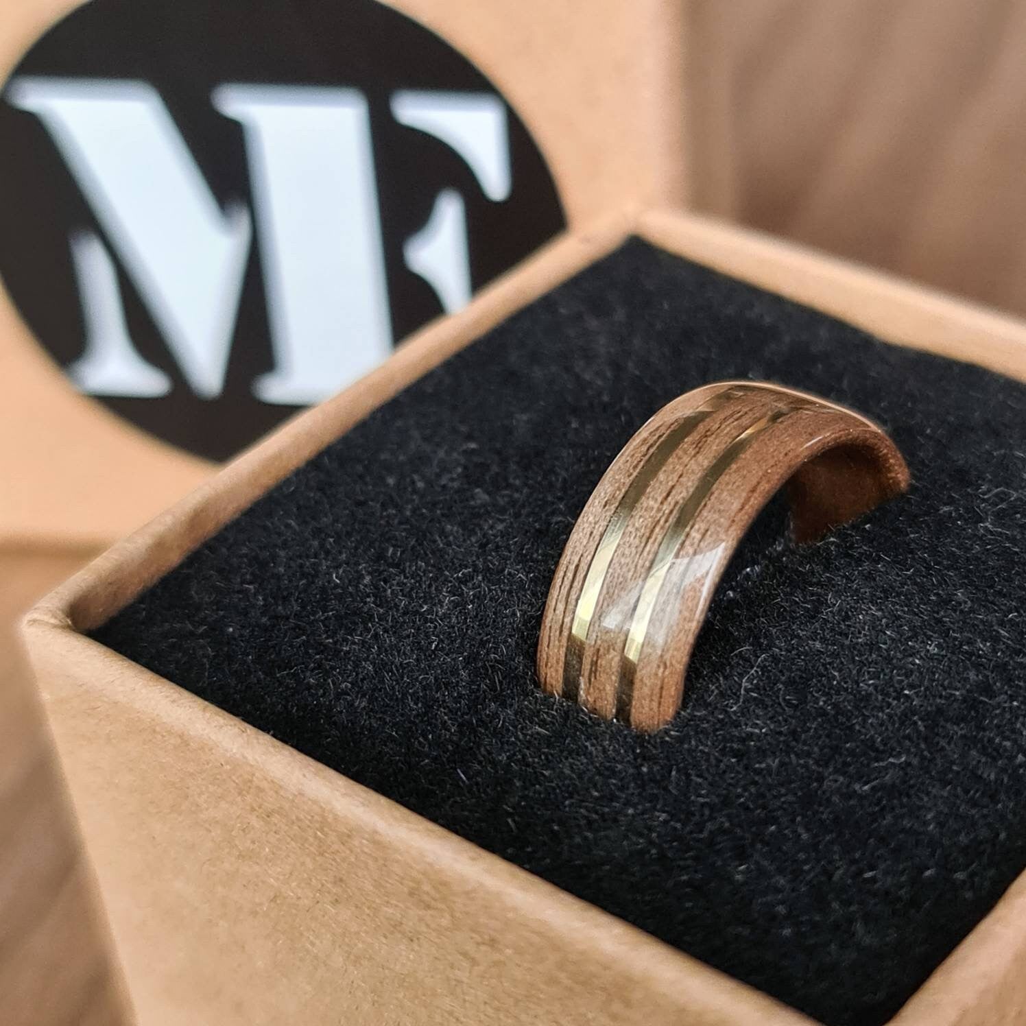 Walnut and double brass ring - Hand made bent wood ring - Wooden wedding band - Engagement ring - Natural jewellery