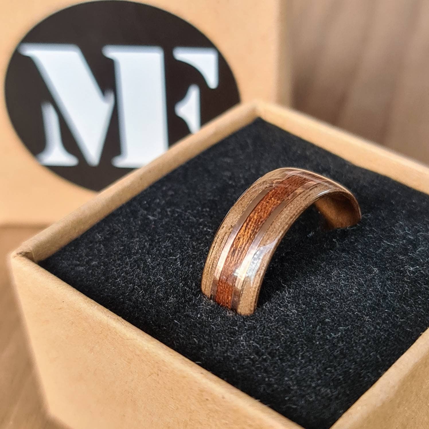 Walnut with sapele and double copper hand made bent wood ring