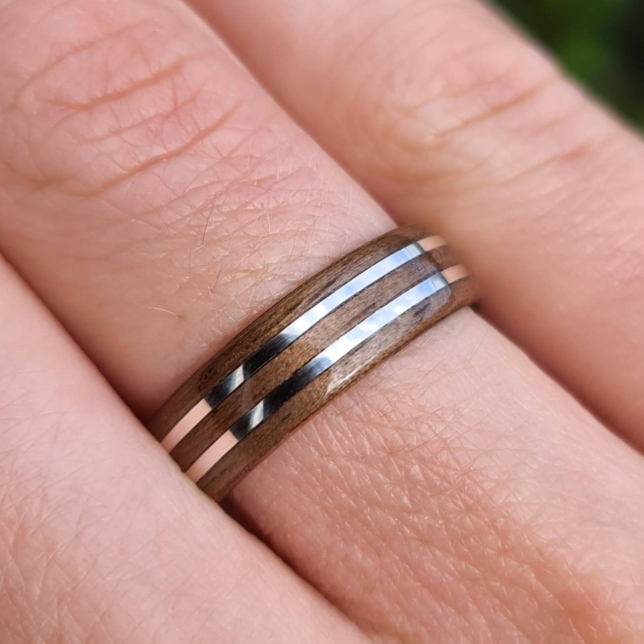 Walnut and double sterling silver hand made bent wood ring