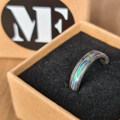 Silver birdseye maple and abalone paua shell hand made bent wood ring