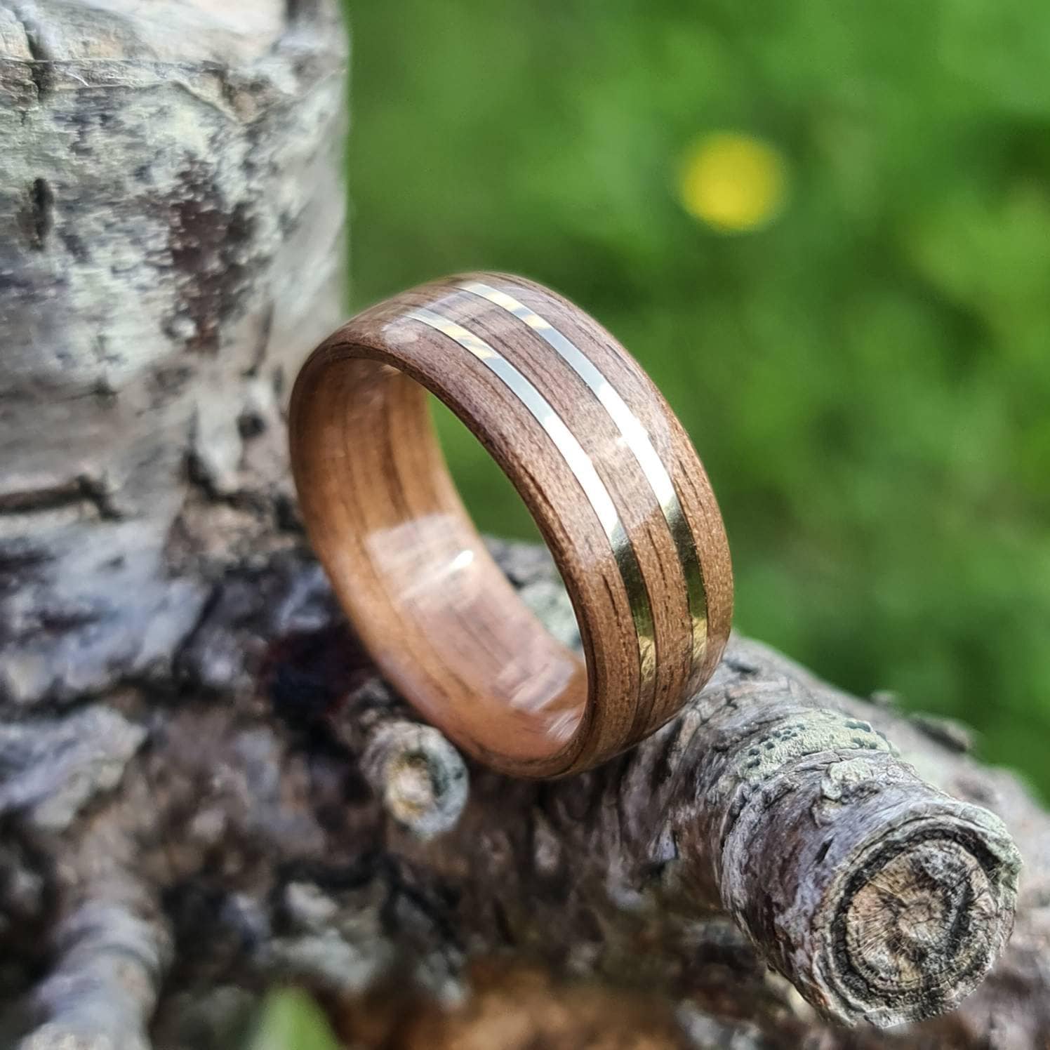 Walnut and double brass ring - Hand made bent wood ring - Wooden wedding band - Engagement ring - Natural jewellery