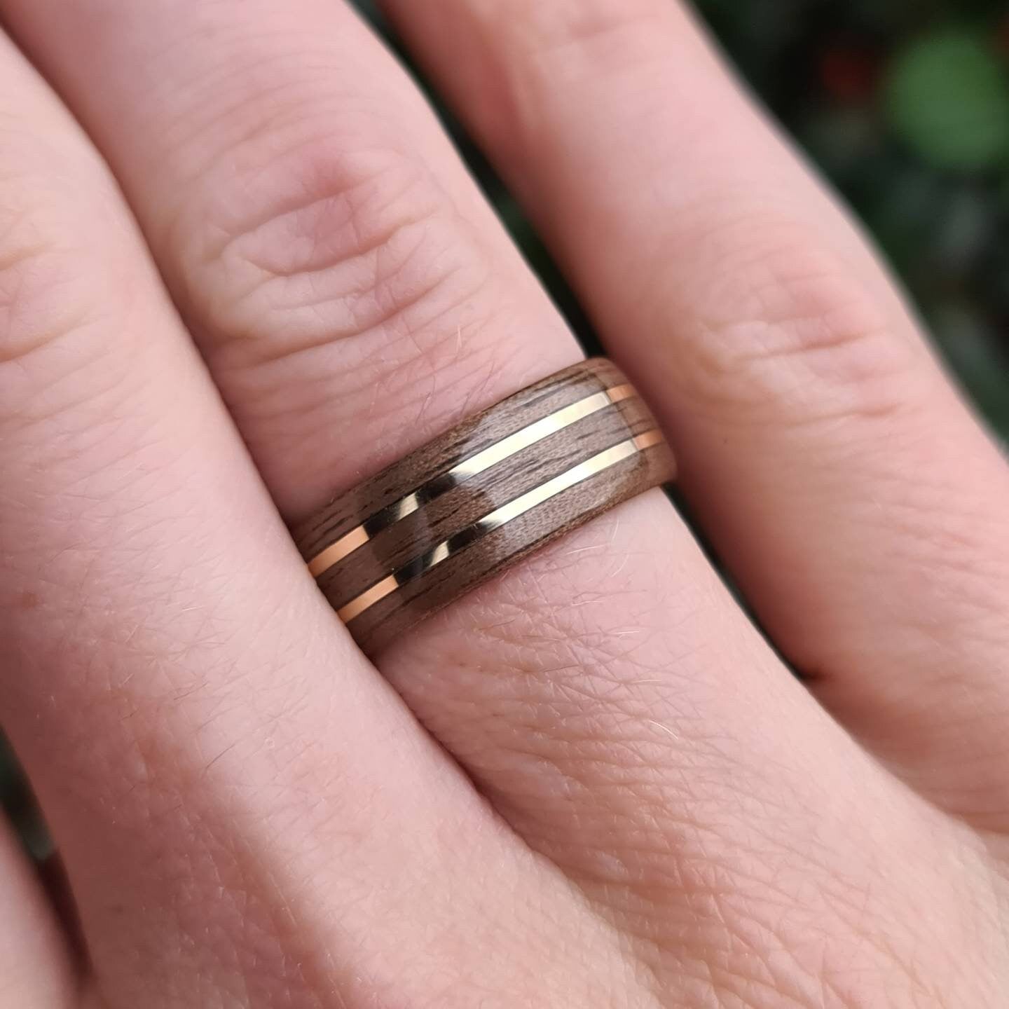 Walnut and double brass hand made bent wood ring