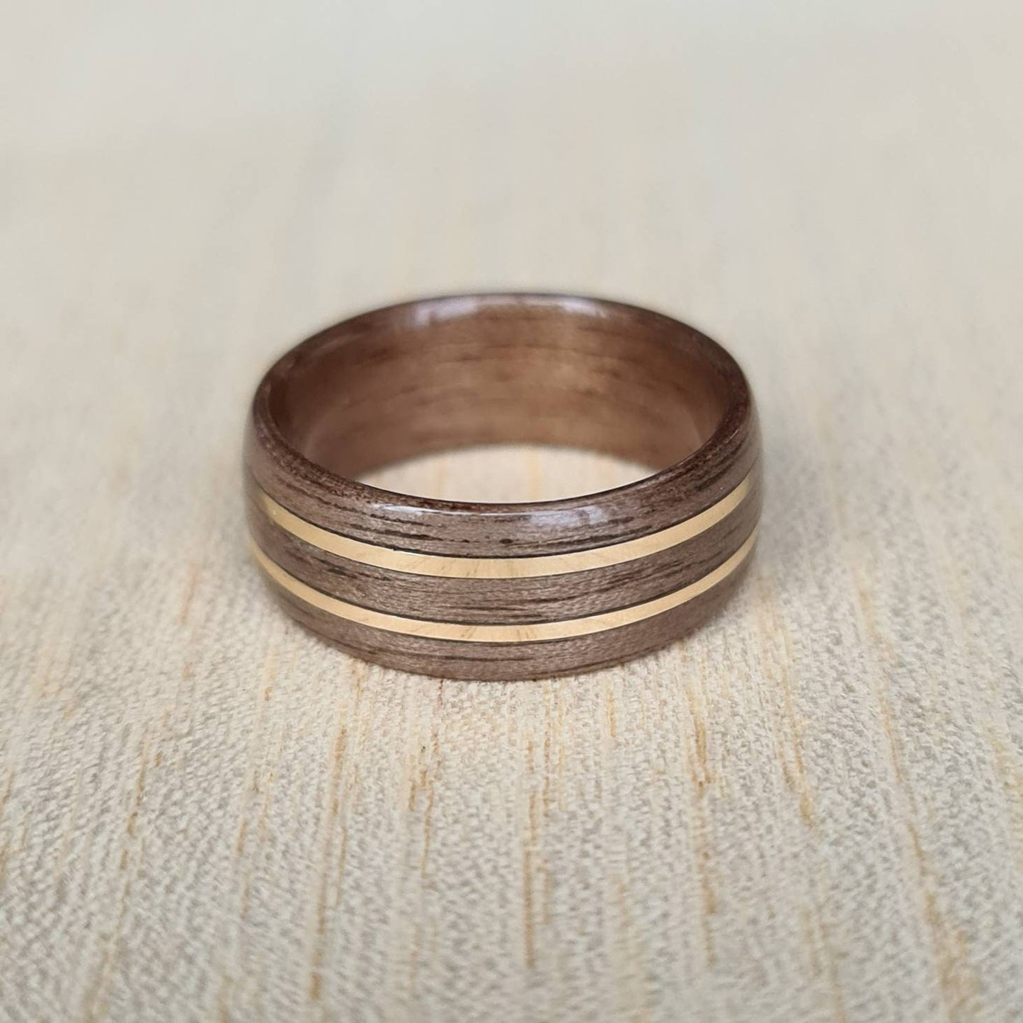 Walnut and double brass ring - Hand made bent wood ring - Wooden wedding band - Engagement ring - Natural jewellery