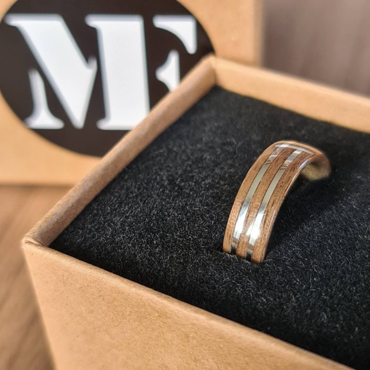 Walnut and double sterling silver hand made bent wood ring