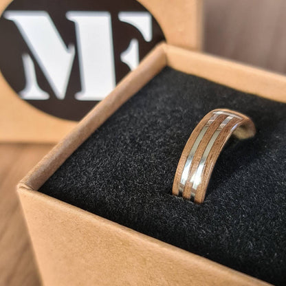 Walnut and double sterling silver hand made bent wood ring