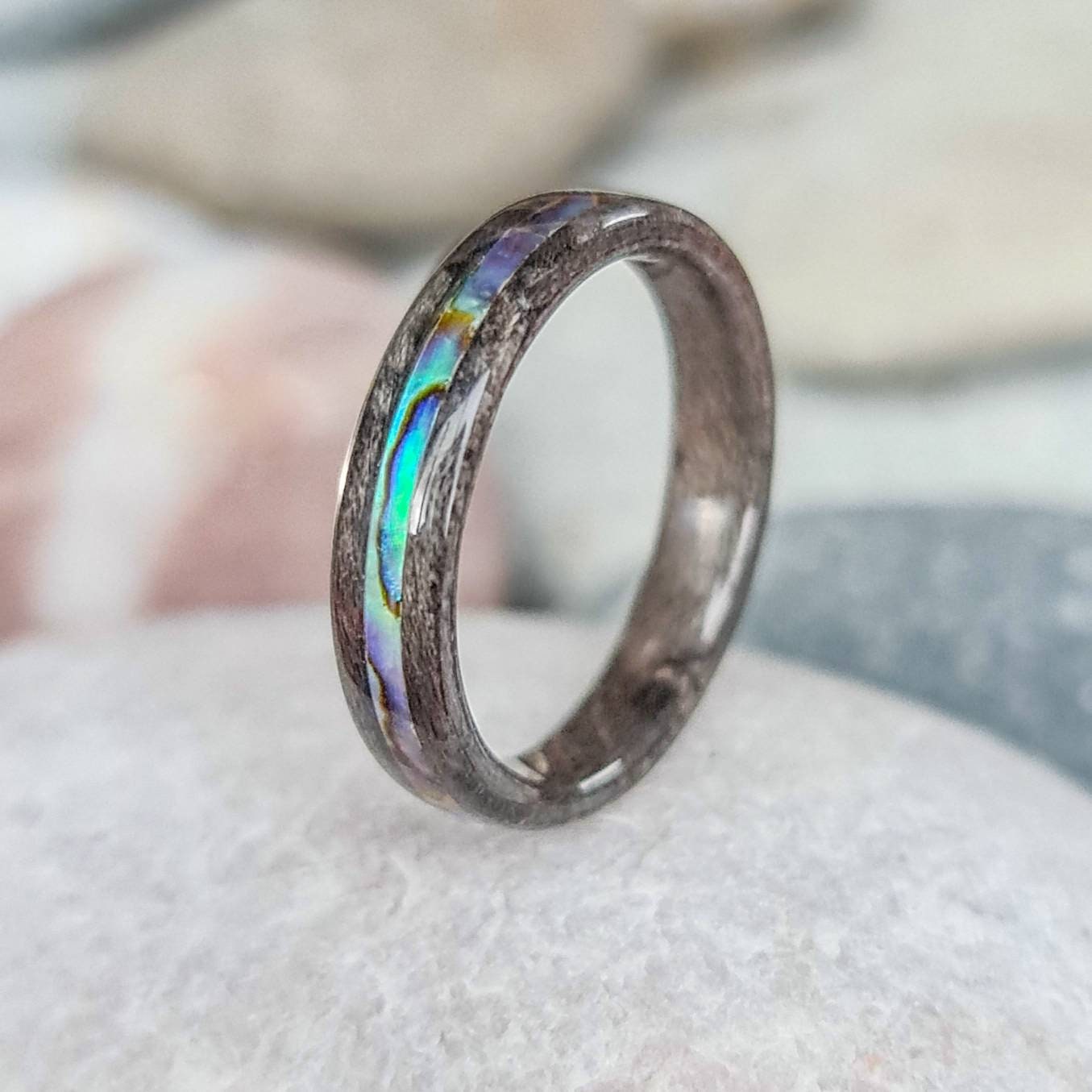 Silver birdseye maple and abalone paua shell hand made bent wood ring
