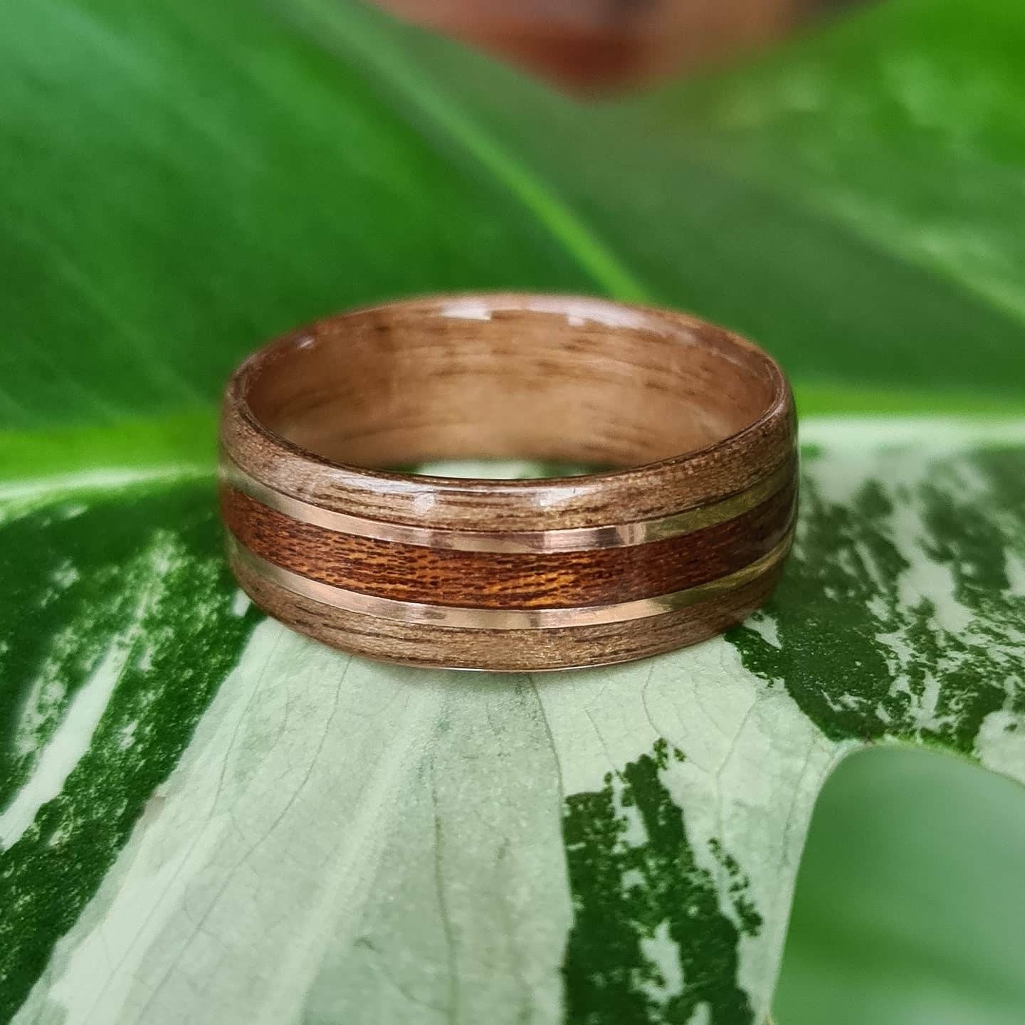Walnut with sapele and double copper hand made bent wood ring