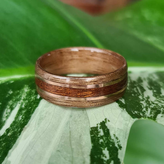 Walnut with sapele and double copper hand made bent wood ring