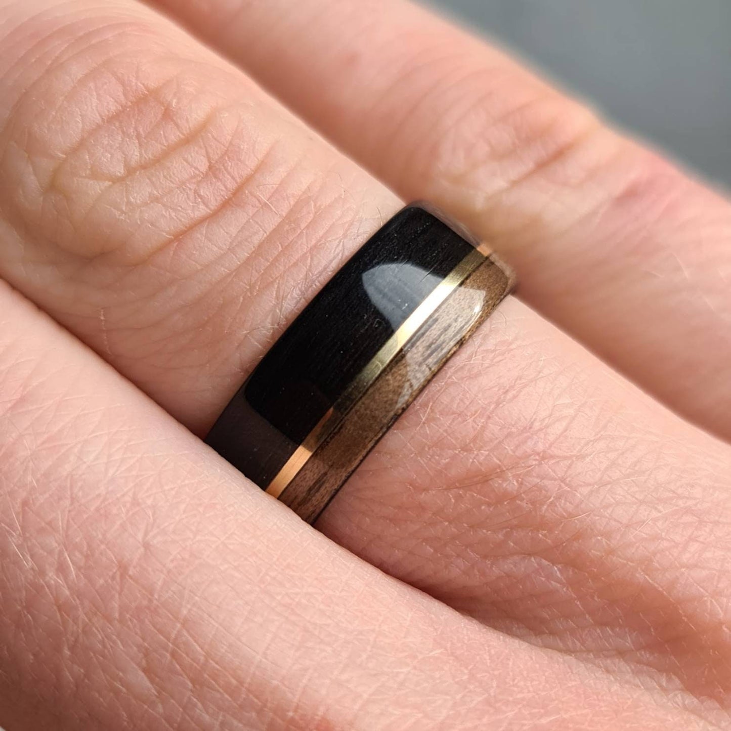Black oak, walnut & brass hand made bent wood ring