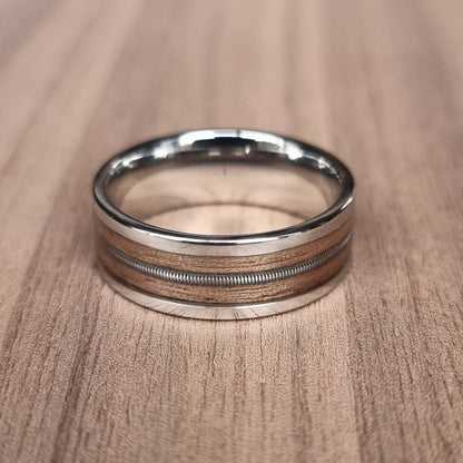 Stainless steel and walnut ring with guitar string - Hand made bent wood ring - Wooden wedding band - Engagement ring - Natural jewellery