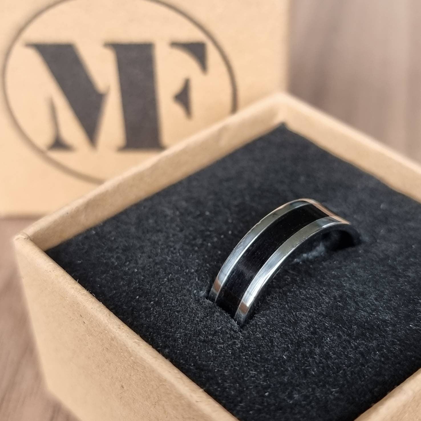 Stainless steel and black oak ring - Hand made bent wood ring - Wooden wedding band - Engagement ring - Natural jewellery