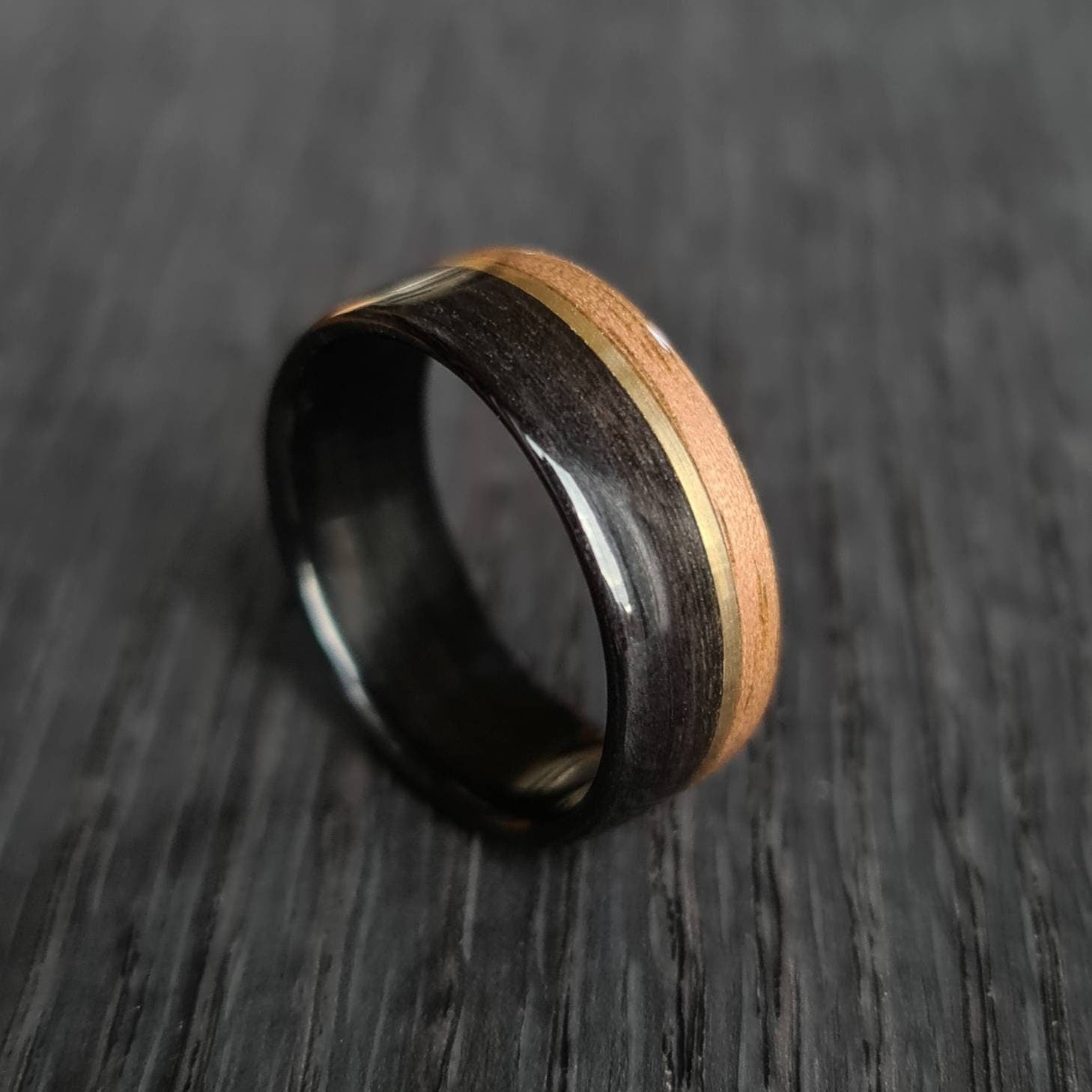 Black oak, walnut & brass ring - Hand made bent wood ring - Alternative wooden wedding band - Custom engagement ring - 5th anniversary gift