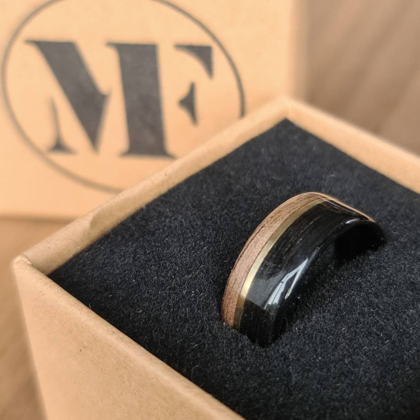 Black oak, walnut & brass hand made bent wood ring