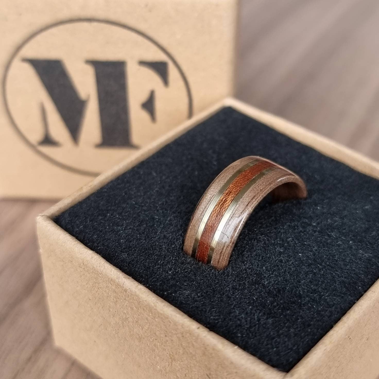 Walnut with sapele and double brass hand made bent wood ring