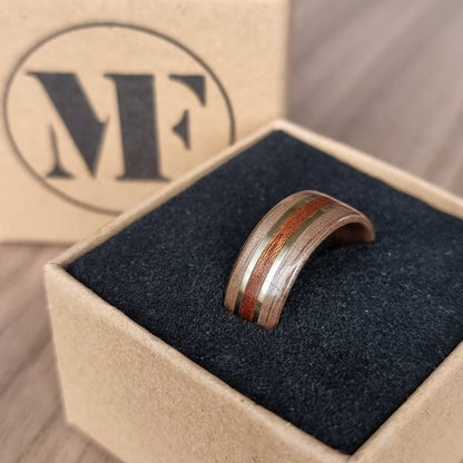 Walnut with sapele and double brass hand made bent wood ring