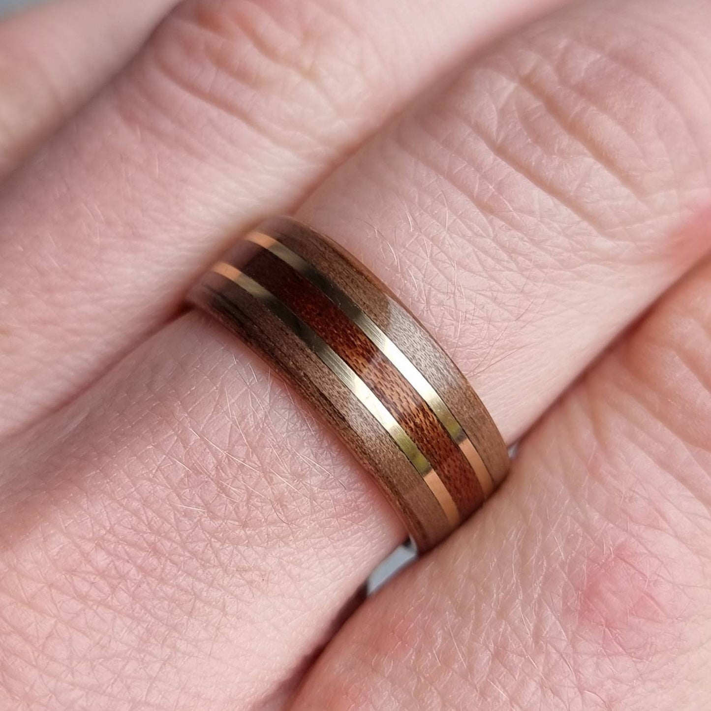 Walnut with sapele and double brass hand made bent wood ring