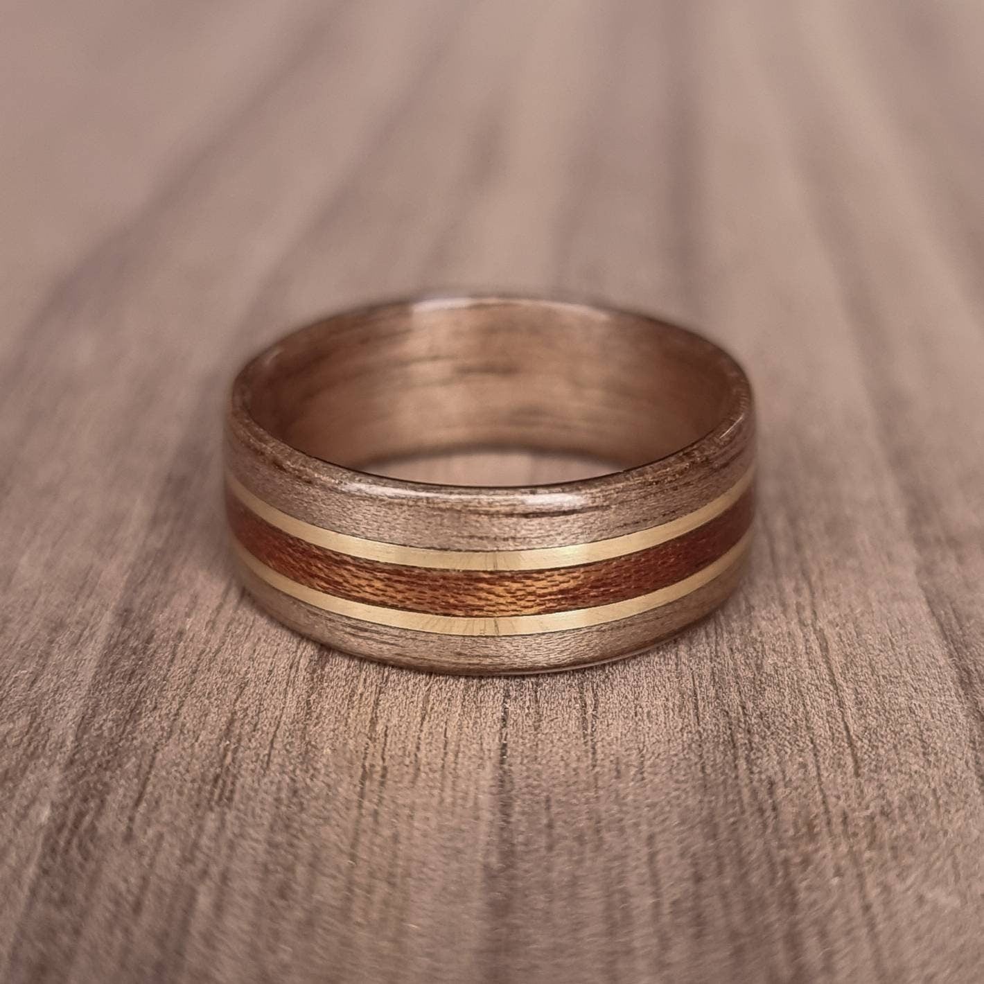 Walnut with sapele and double brass hand made bent wood ring