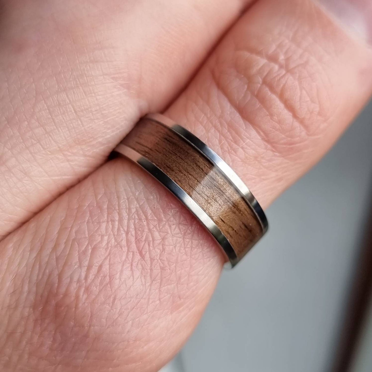 Stainless steel and walnut ring