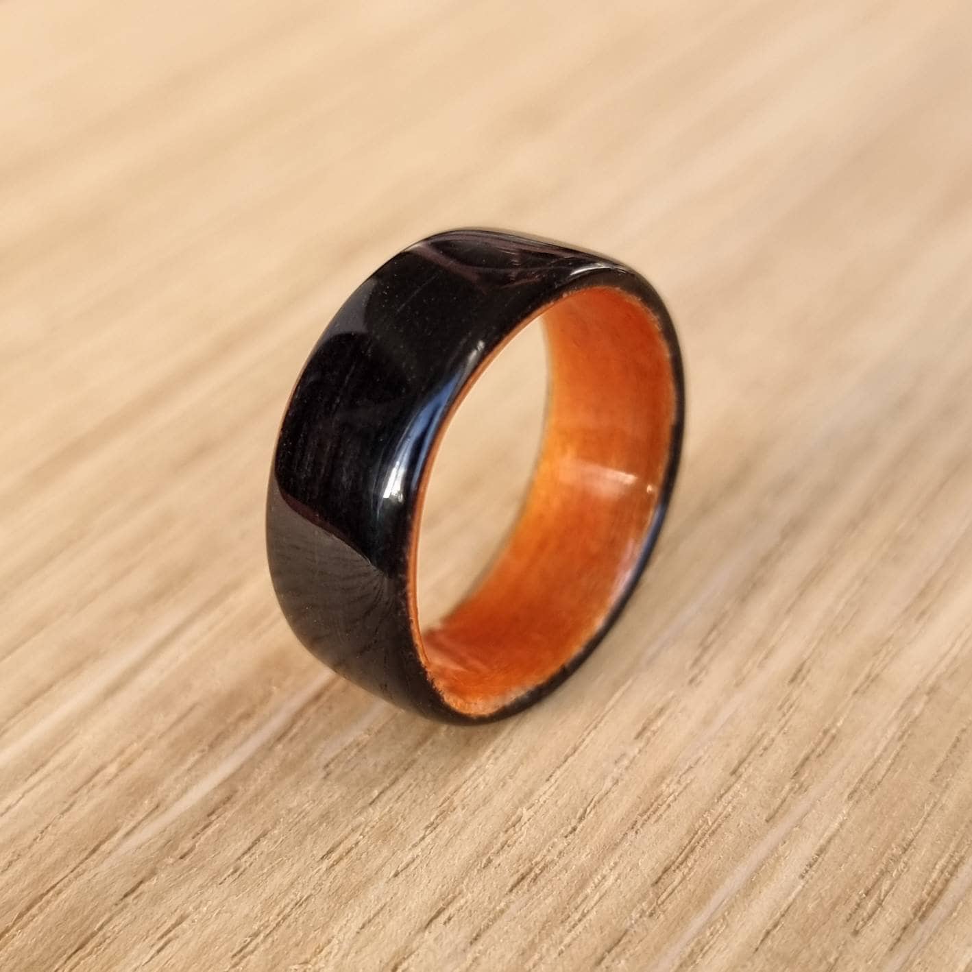 Black oak & orange tulipwood hand made bent wood ring