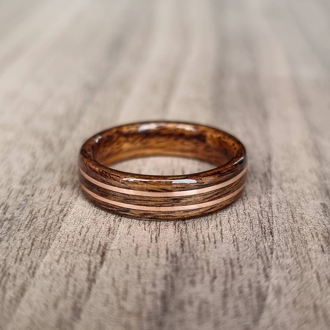 Rosewood and double copper hand made bent wood ring