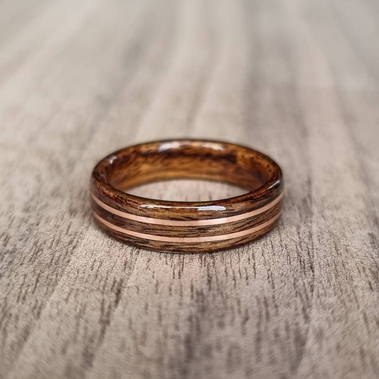 Rosewood and double copper hand made bent wood ring
