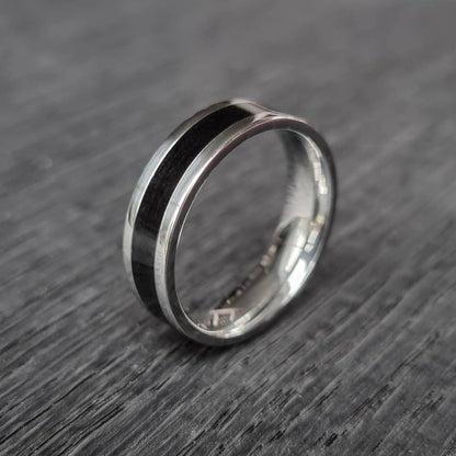 Stainless steel and black oak ring - Hand made bent wood ring - Wooden wedding band - Engagement ring - Natural jewellery