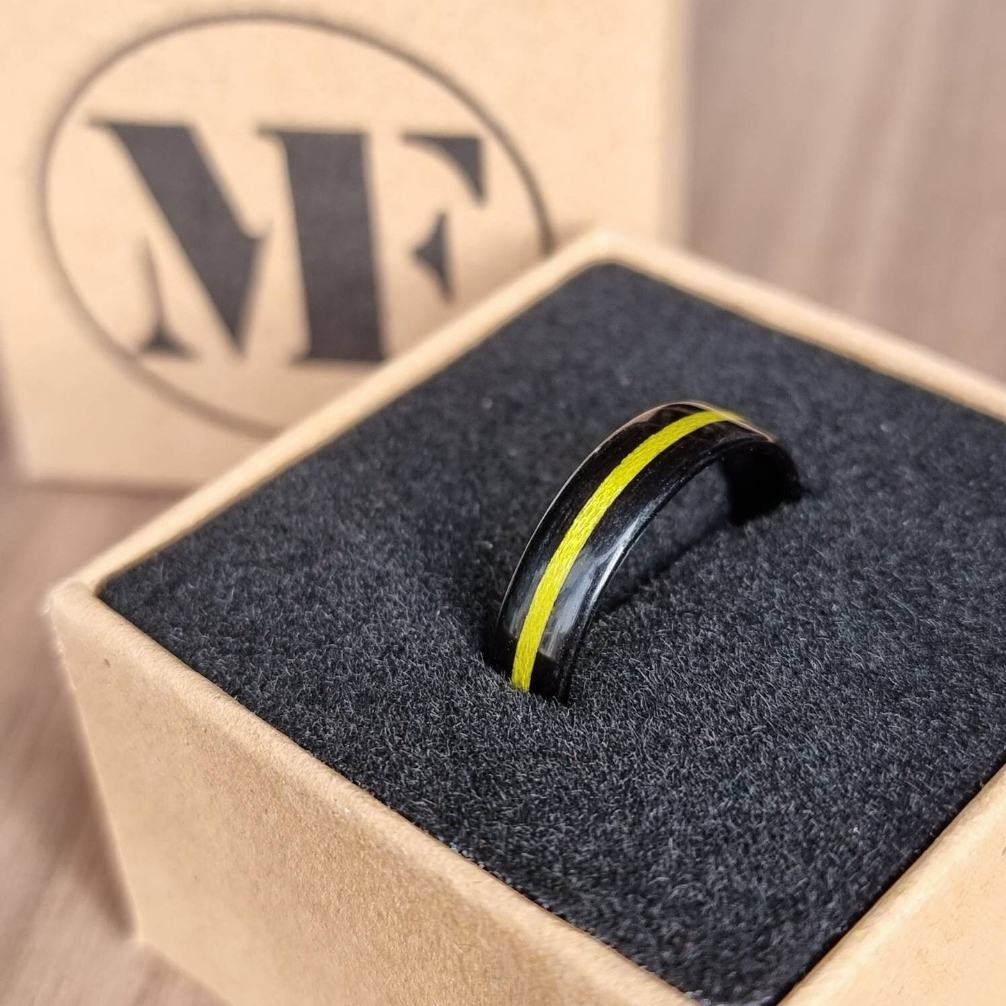 Black oak & yellow tulipwood hand made bent wood ring