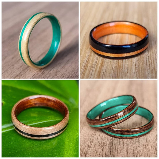 Custom duel wood and wood inlay hand made bent wood ring