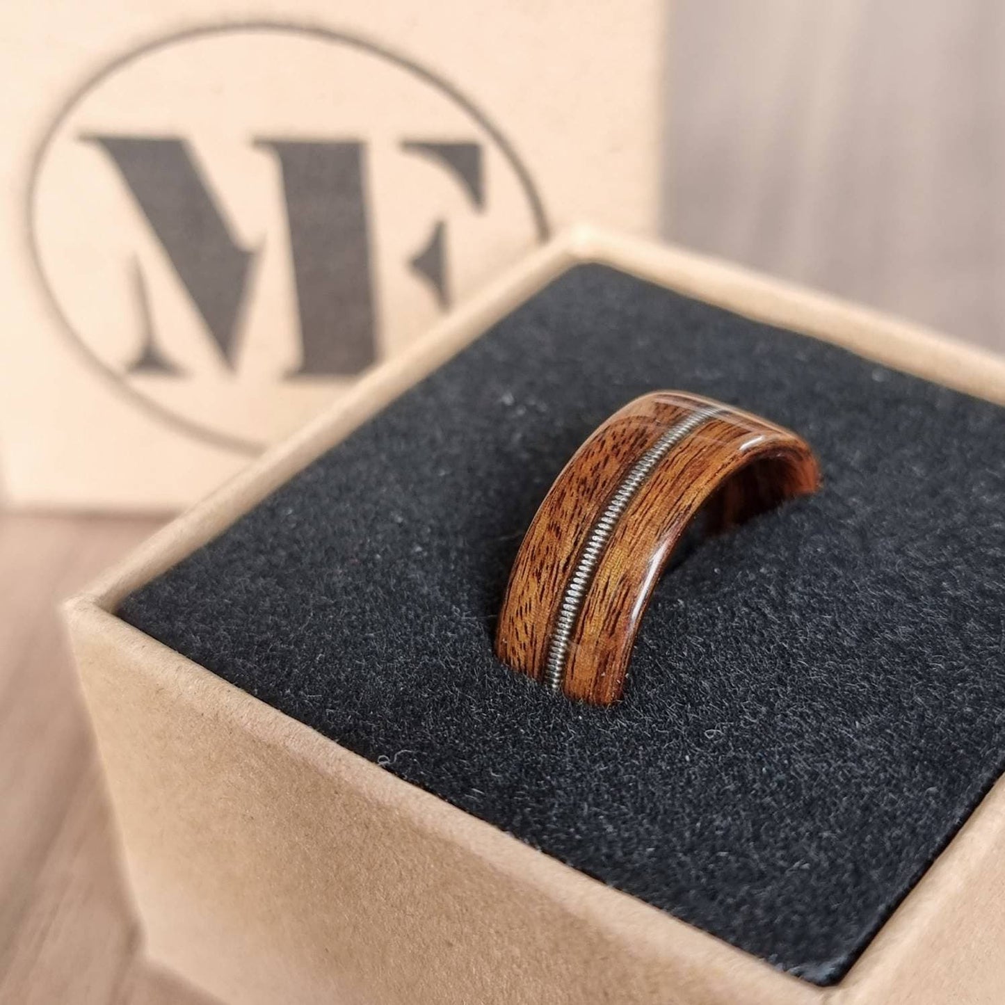 Rosewood and guitar string hand made bent wood ring