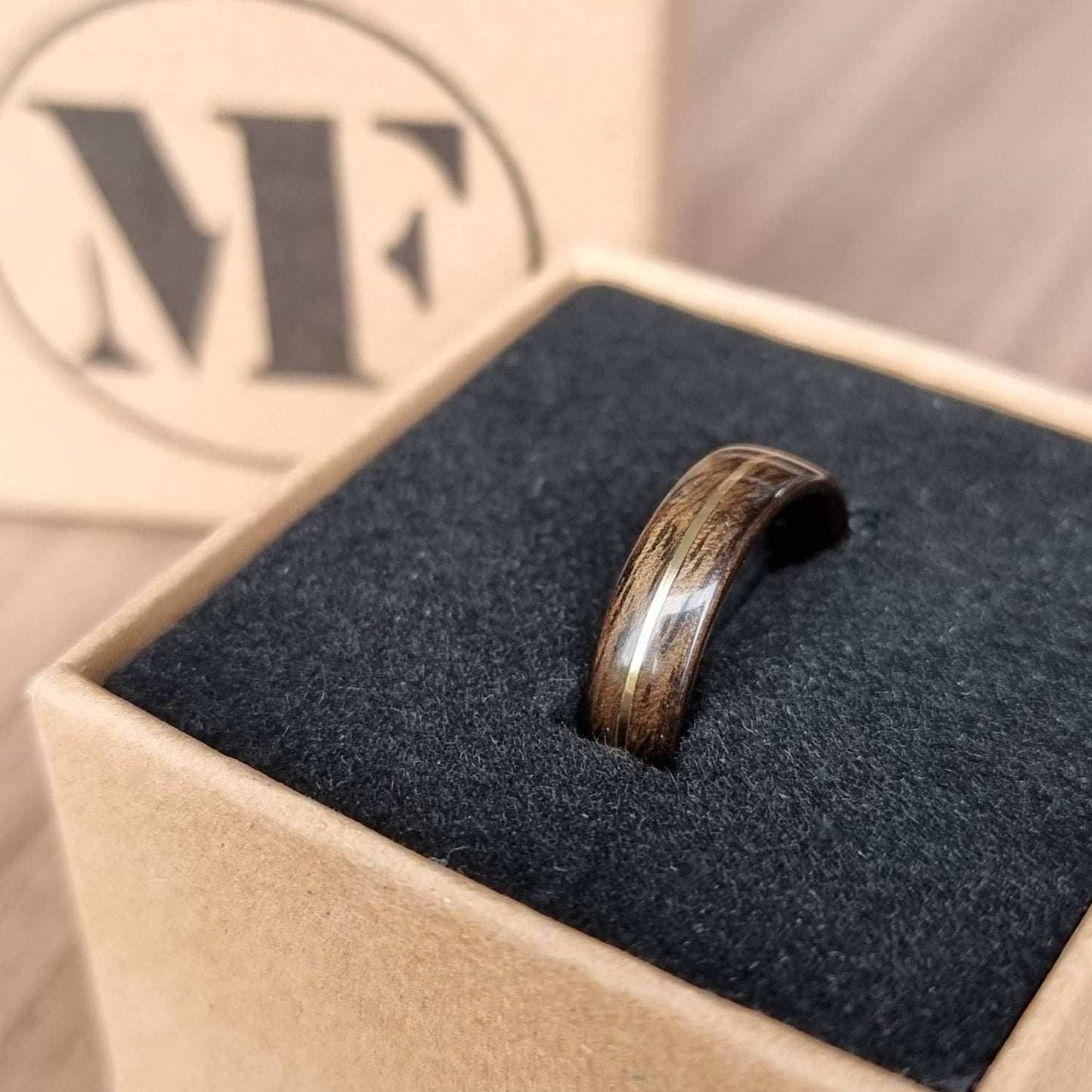 Smoked eucalyptus and brass hand made bent wood ring