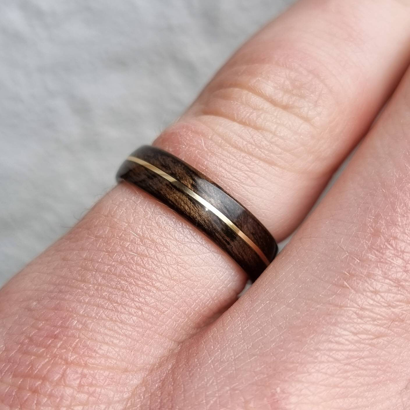 Smoked eucalyptus and brass hand made bent wood ring