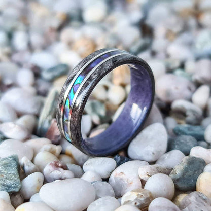 Silver birdseye maple & purple tulipwood with abalone shell and silver inlays hand made bent wood ring