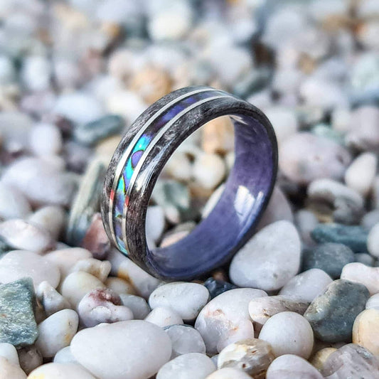 Silver birdseye maple & purple tulipwood with abalone shell and silver inlays hand made bent wood ring