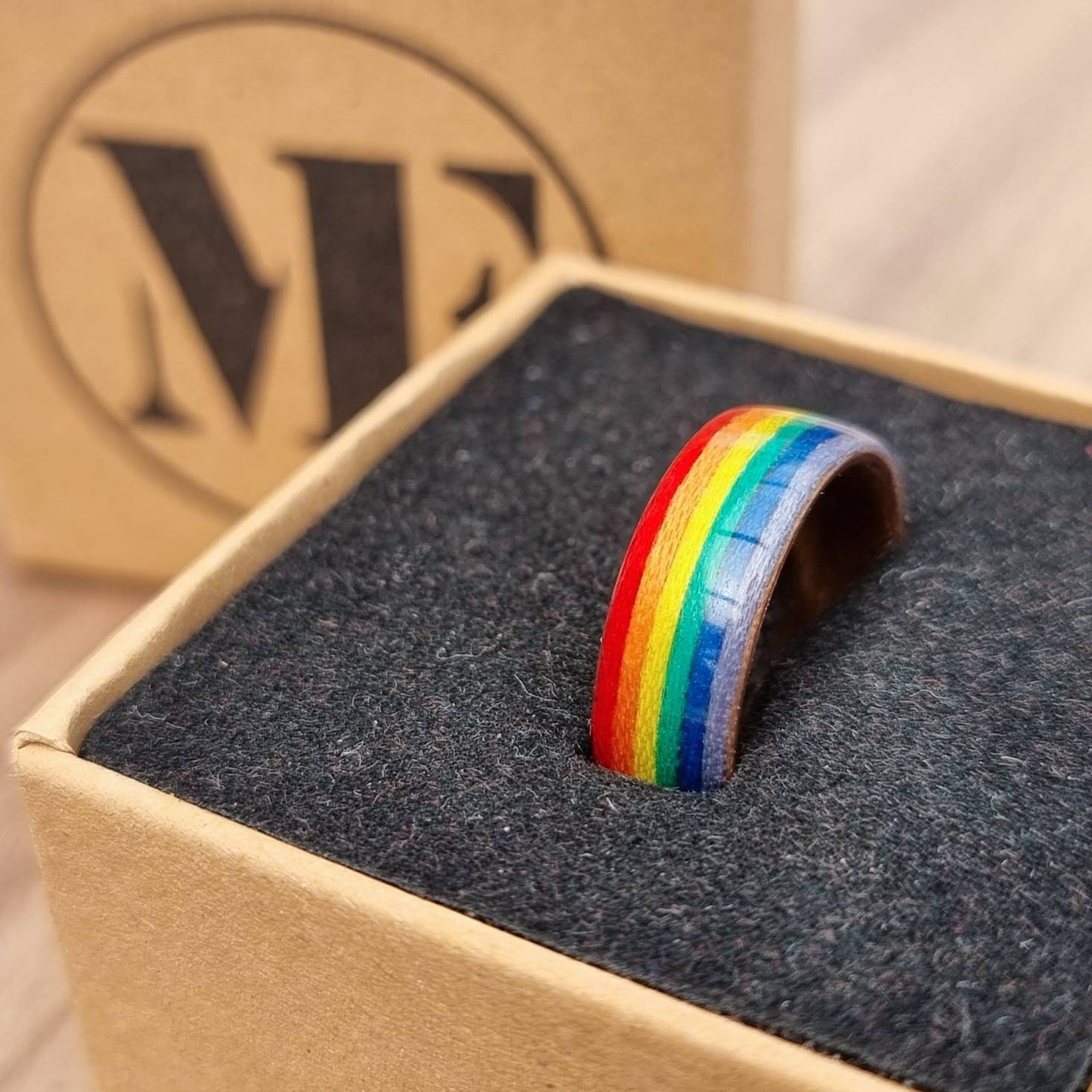 Walnut and rainbow tulipwood hand made bent wood ring