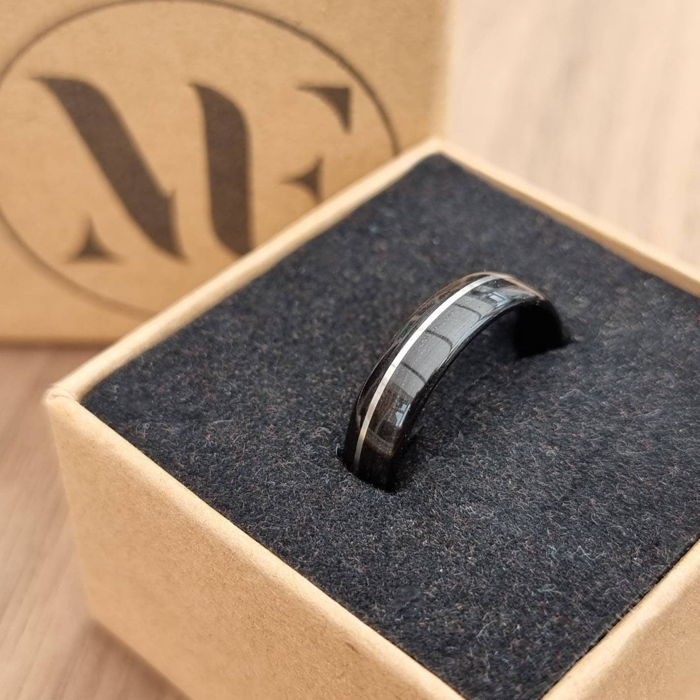 Black oak & sterling silver hand made bent wood ring
