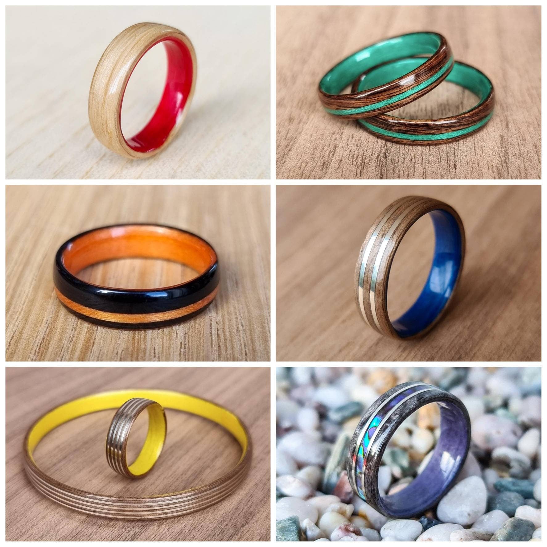 Cremation ash & opal memorial custom wood and metal inlays hand made bent wood ring