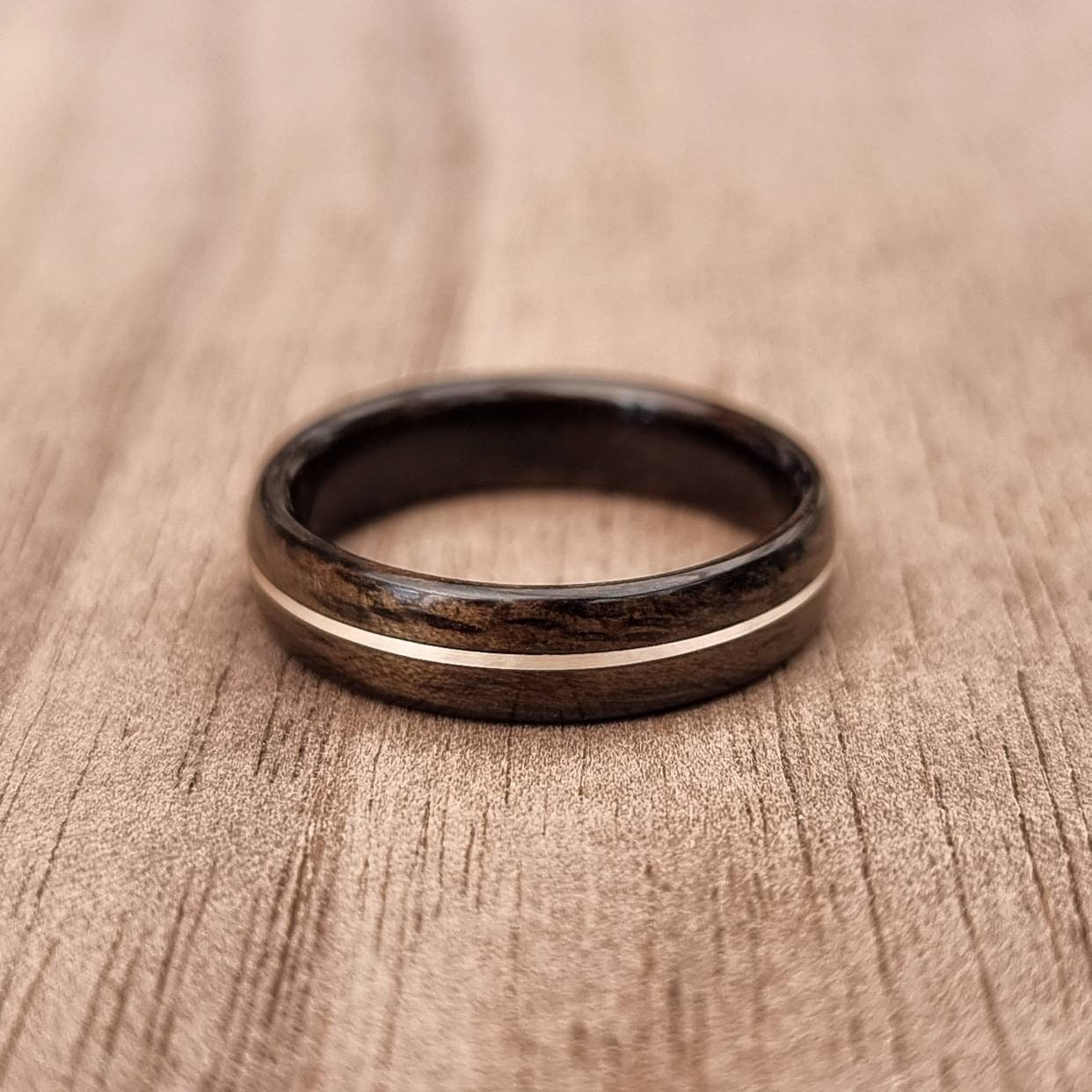 Smoked eucalyptus and silver hand made bent wood ring