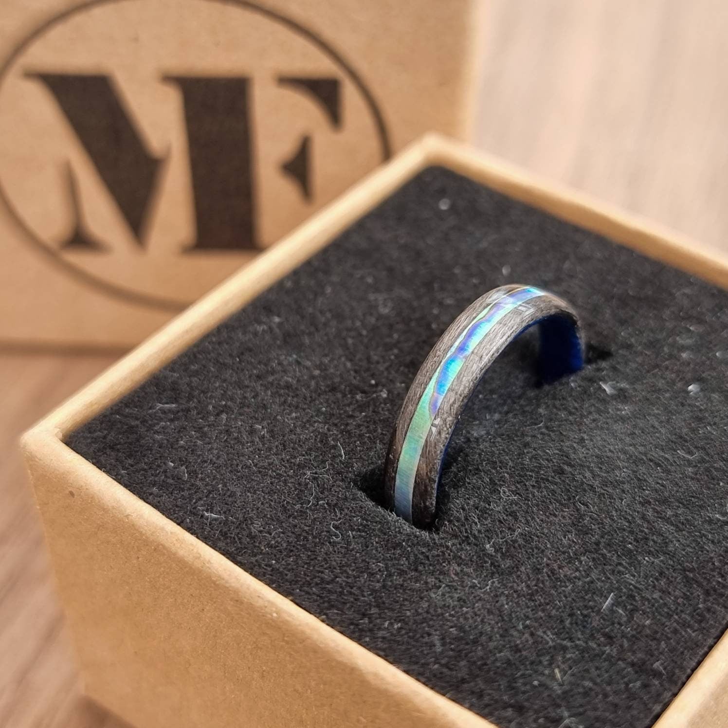 Silver birdseye maple & blue tulipwood with abalone paua shell inlay hand made bent wood ring