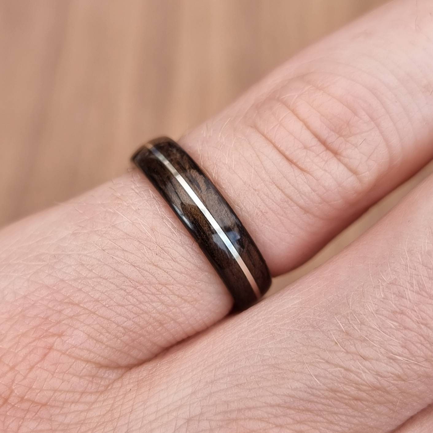 Smoked eucalyptus and silver hand made bent wood ring
