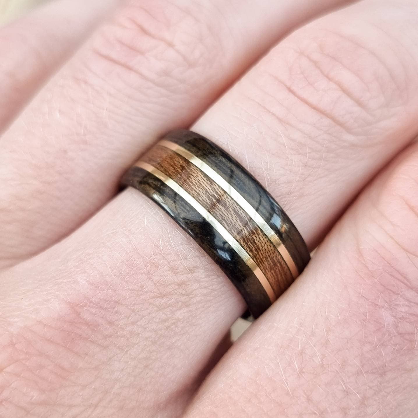 Smoked eucalyptus with sapele and double brass inlays hand made bent wood ring