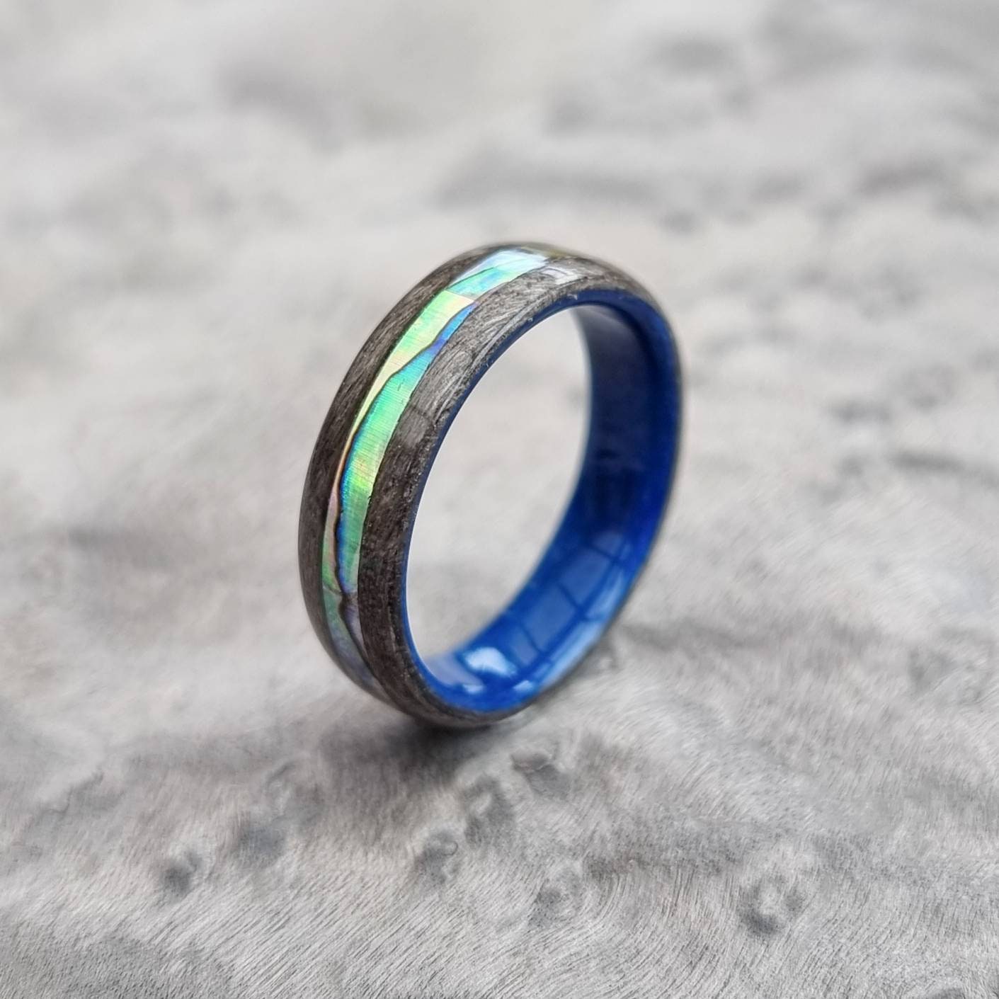 Silver birdseye maple & blue tulipwood with abalone paua shell inlay hand made bent wood ring