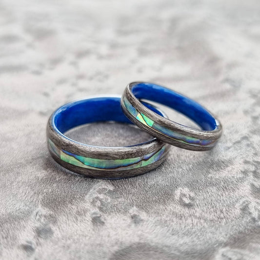 Silver birdseye maple & blue tulipwood with abalone paua shell inlay hand made bent wood ring