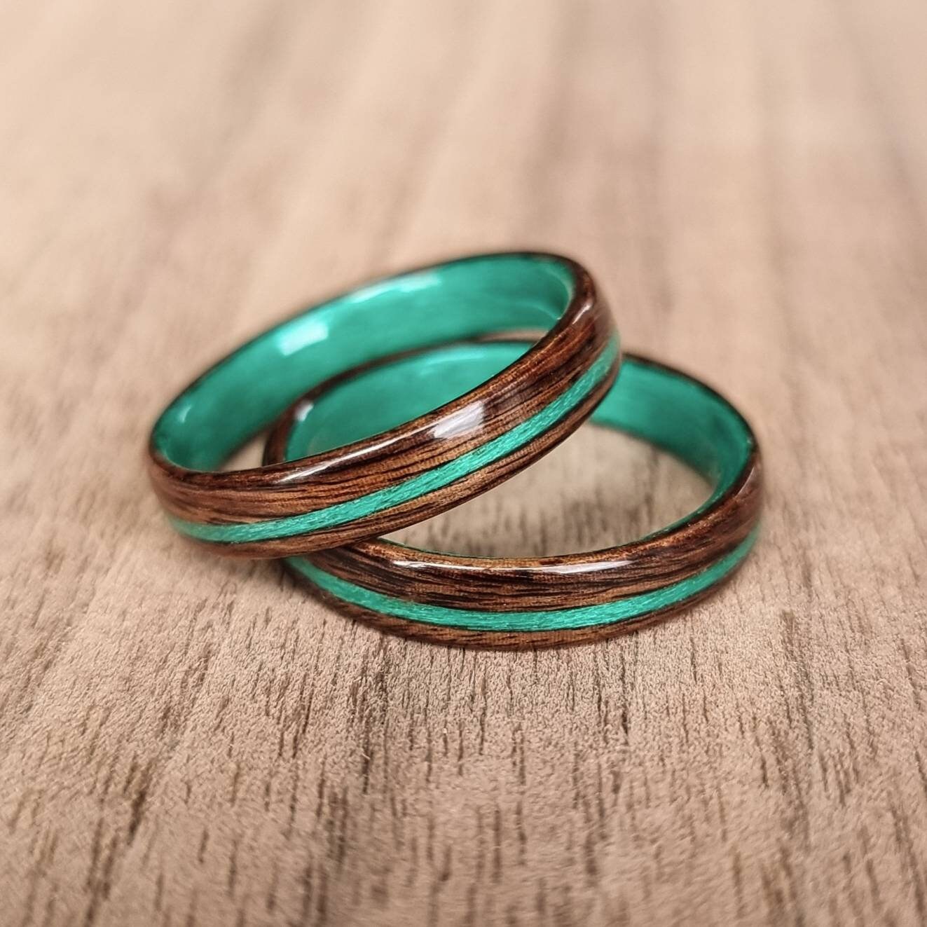 Rosewood with green tulipwood internal and inlay ring - Hand made bent wood ring - Wooden wedding band - Engagement ring