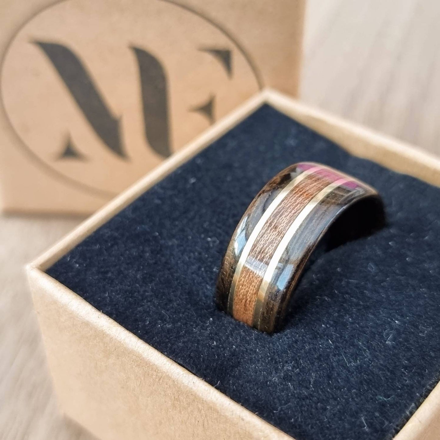 Smoked eucalyptus with sapele and double brass inlays hand made bent wood ring