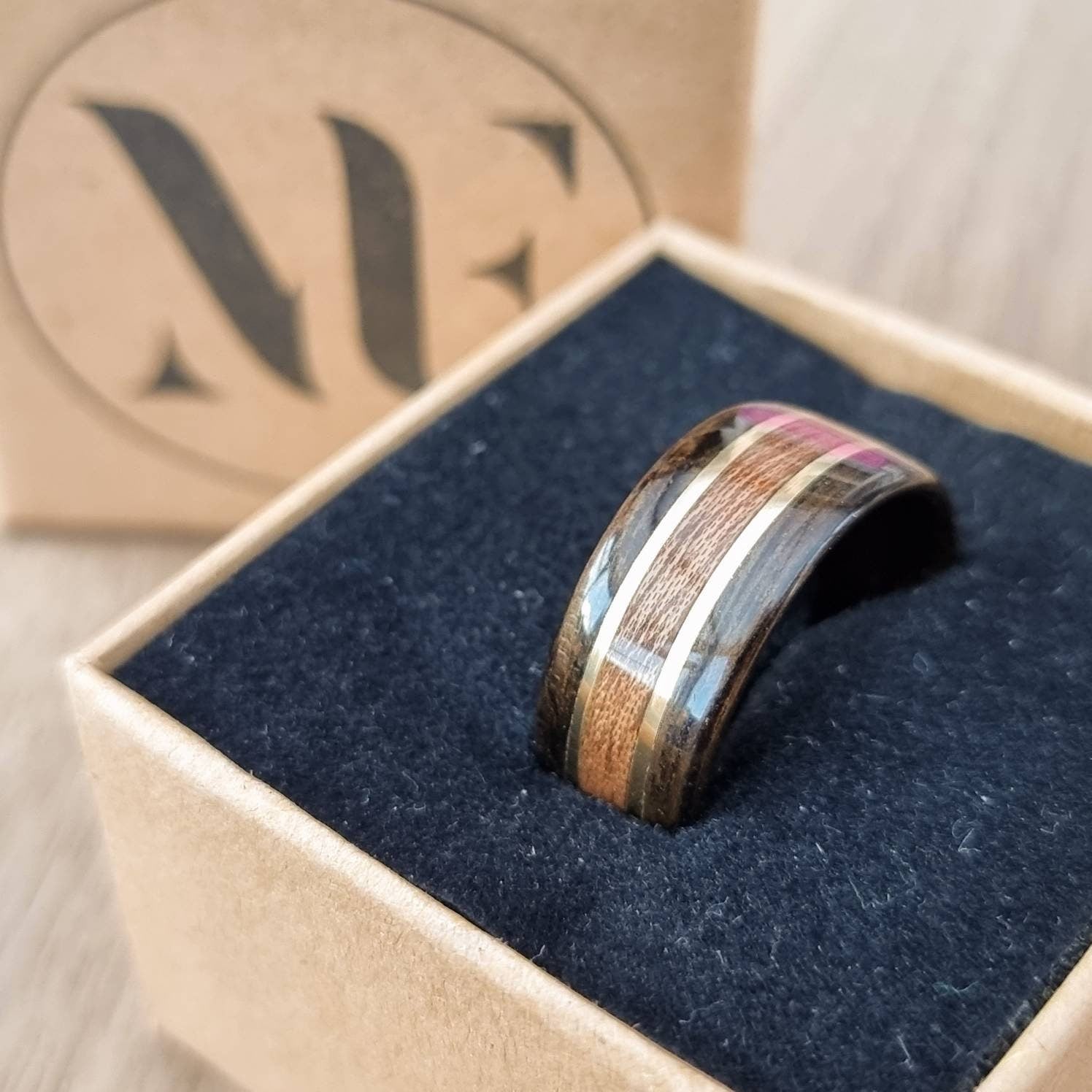 Smoked eucalyptus with sapele and double brass inlays hand made bent wood ring