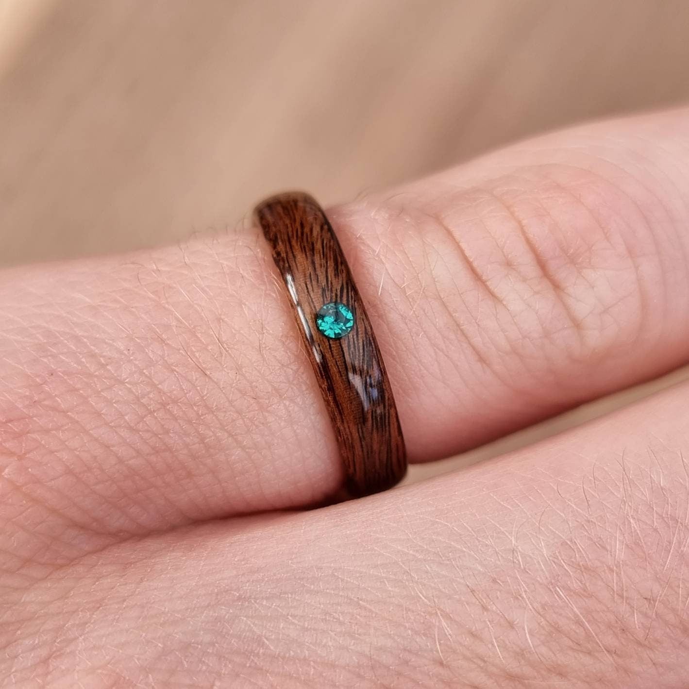 Rosewood and lab emerald hand made bent wood ring