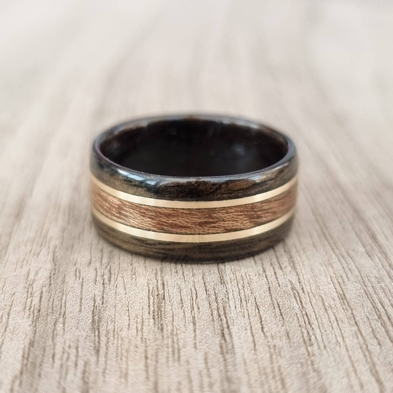 Smoked eucalyptus with sapele and double brass inlays hand made bent wood ring