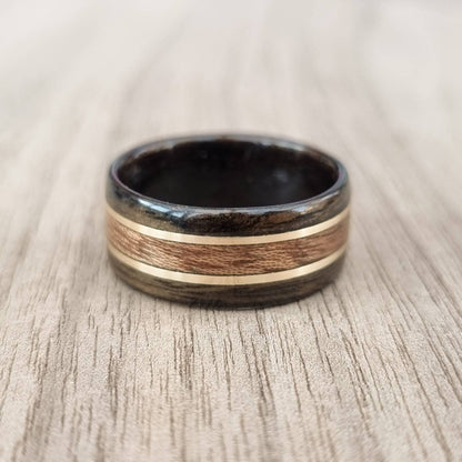 Smoked eucalyptus with sapele and double brass inlays hand made bent wood ring